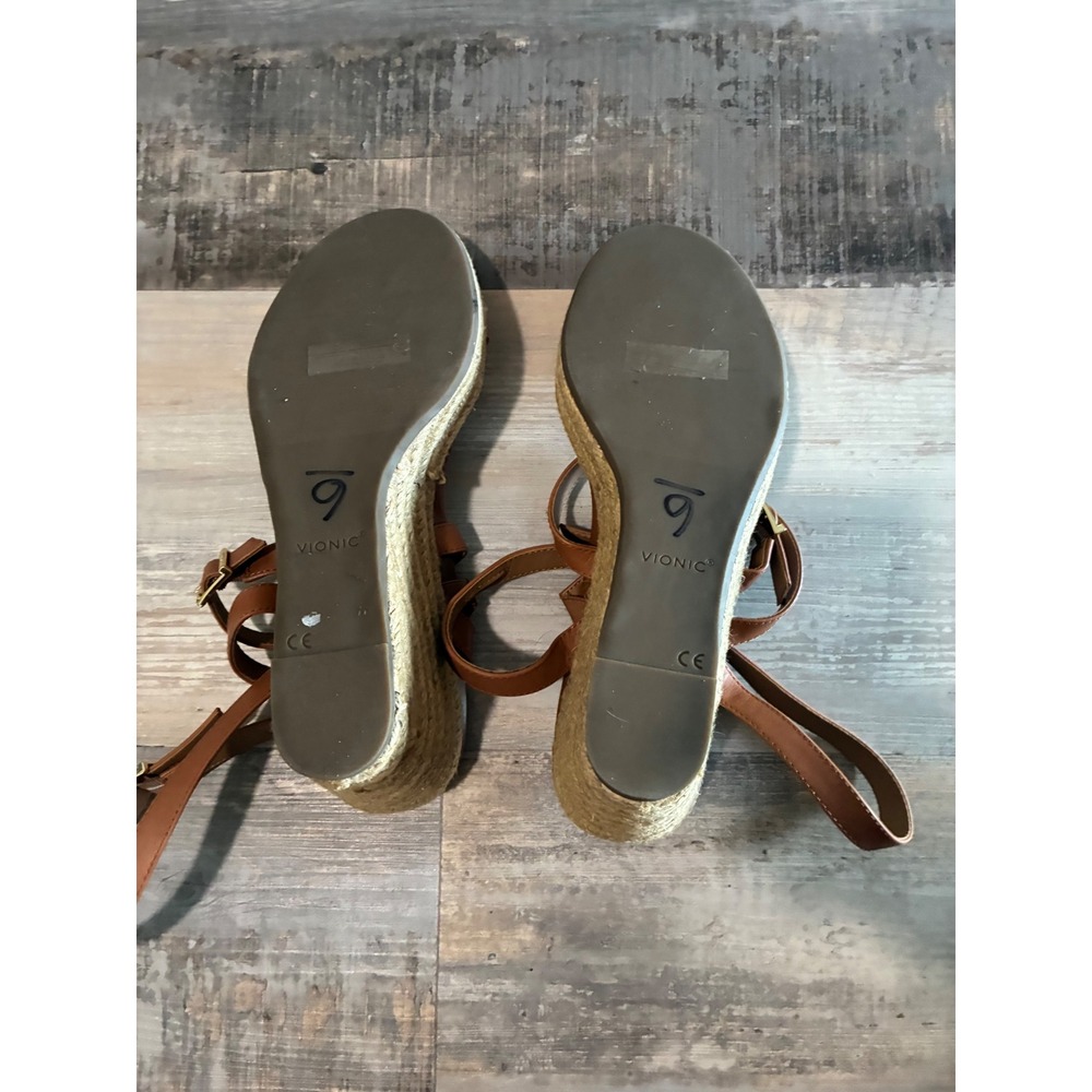 Vionic Womens Tan Brown Leather Espadrille Wedge Sandals Strappy Buckle Heel - Picture 9 of 12
